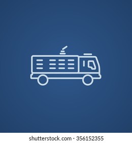 Fire truck line icon for web, mobile and infographics. Vector light blue icon isolated on blue background.