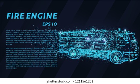 A fire truck made of particles. Vector illustration. The fire truck is falling apart