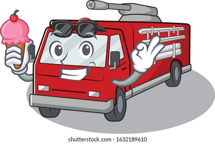 Fire truck mascot cartoon design with ice cream