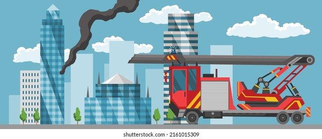 Camión de bomberos en el paisaje urbano en estilo plano. Motor de fuego. Plantilla de vehículo de emergencia contra incendios. Transporte rojo para elementos de diseño de extinción de incendios o extinción de incendios