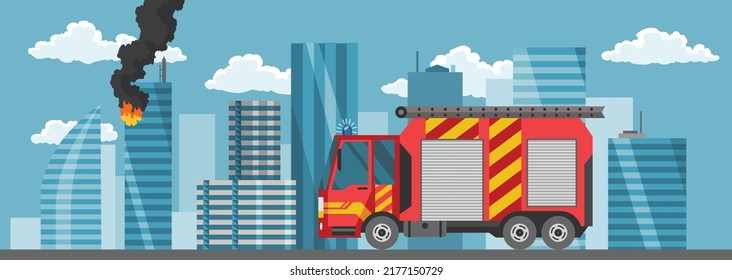 Camión de bomberos en el paisaje urbano en estilo plano. Motor de fuego. Plantilla de vehículo de emergencia contra incendios. Transporte rojo para elementos de diseño de extinción de incendios o extinción de incendios