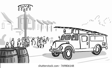Fire truck on the country fair. Black and white vector sketch. Simple drawing.