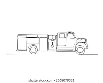 Fire truck outline illustration. Continuous line art drawing of fire truck vehicle. Editable stroke.