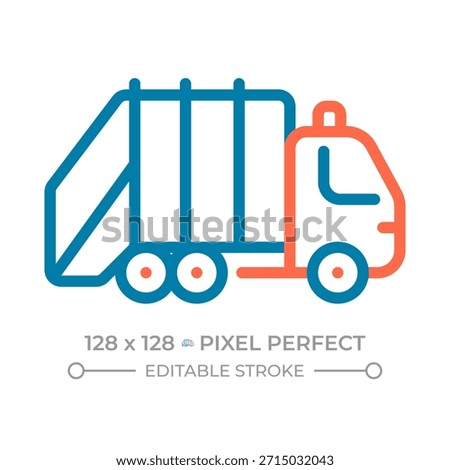 Fire truck pixel perfect two color line icon. Emergency response, flame hazard. Public safety. Fire department bicolor outline symbol. Duotone linear pictogram. Isolated illustration. Editable stroke