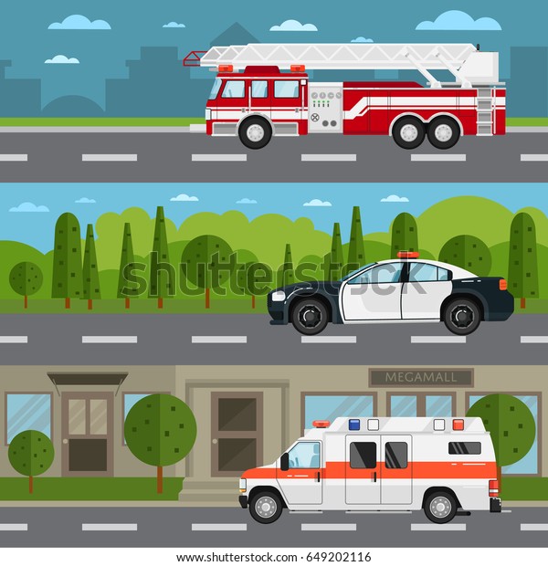Fire truck, police and ambulance car on\
highway. Service auto vehicle, public and emergency transport,\
urban roadside assistance. Road traffic in countryside and\
cityscape vector\
illustration