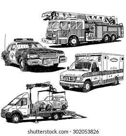 Fire truck, police car, ambulance and tow truck vector drawings set