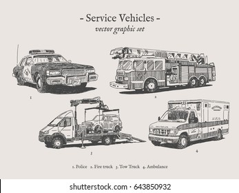 Fire truck, police car, ambulance and tow truck vector drawings set