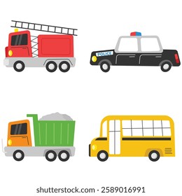 Fire truck, police car, garbage truck, and school bus in a lineup. Perfect for educational materials or traffic safety promotions.