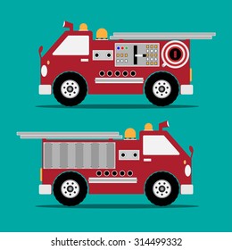 Fire truck red engine car with shadow on green background. Vector illustration.
