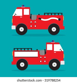 Fire truck red engine car with shadow on blue background. Vector illustration.