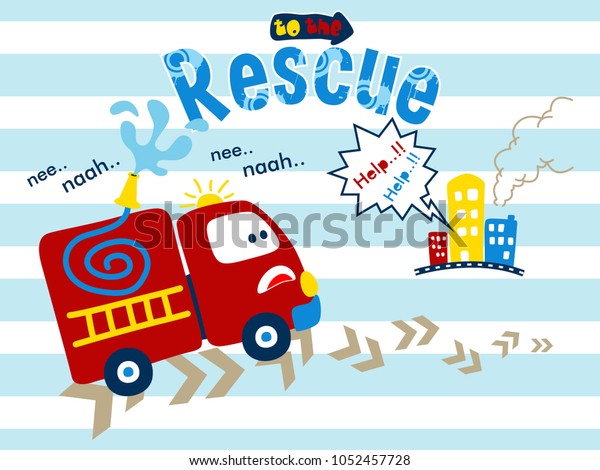 Fire truck\
rescue cartoon on striped\
background