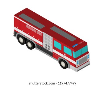  Fire truck rescue engine transportation. Firefighter emergency. Flat isometric vector.
