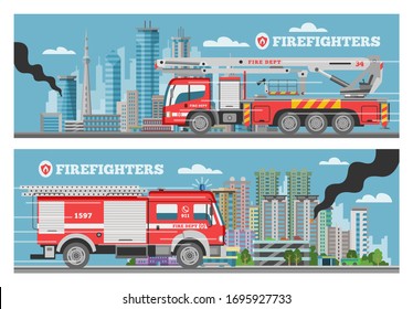 Fire truck rescue engine transportation, firefighter emergency cars in cityspace buldings banners set vector illustrations. Firetrucks transport with ladder, alarm siren, 911 service.