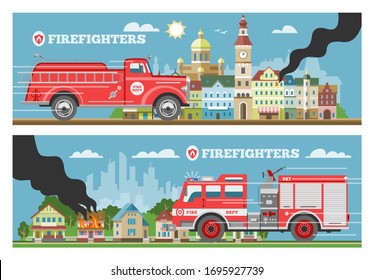 Fire truck rescue engine transportation, firefighter emergency cars in cityspace buldings banners set vector illustrations. Firetrucks transport with ladder, alarm siren, 911 service.