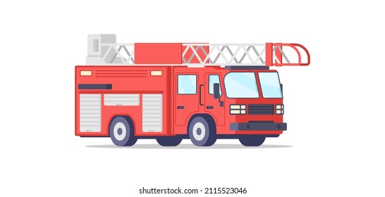 Fire Truck Rescue Engine Transportation For Firefighter Emergency Isometric Vector Illustration. Safety Transport With Ladder And Siren Burning Flame Dangerous Isolated. Fireman Classic Red Vehicle