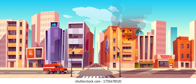 Fire Truck Riding On City Street To Burning Building With Blaze And Smoke Break Out Of Windows. Firefighters Hurry To Accident In Town, House In Flame, Red Car On Crossroad Cartoon Vector Illustration