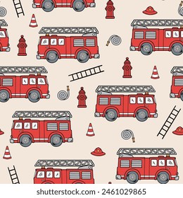 Fire truck seamless pattern. Boys' seamless pattern. Seamless file for sublimation.