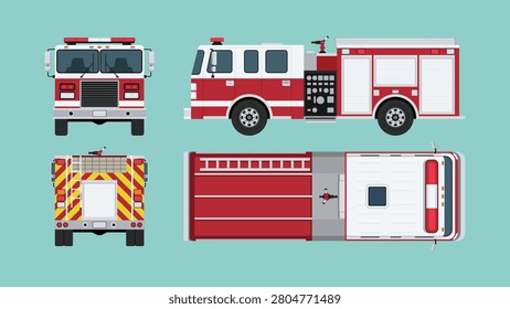Fire truck set in side, front, rear, and top views with pumper engine design for firefighting, emergency response, and rescue operation, vector flat illustration