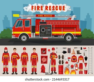 Fire truck side view and Firemans. Firefighter Vector Icons Set with Firefighters Equipment