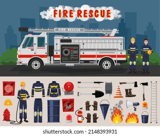 Fire truck side view and Firemans. Firefighter Vector Icons Set with Firefighters Equipment