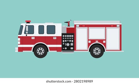 Fire truck side view with pumper engine design for firefighting, emergency response, and rescue operation, vector flat illustration