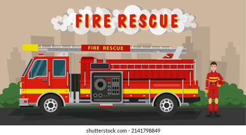 Fire truck side view. red fire truck emergency vehicle. modern flat style vector illustration.