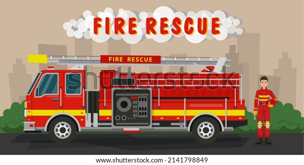 Fire truck side view. red fire\
truck emergency vehicle. modern flat style vector\
illustration.