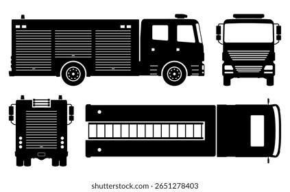Fire truck silhouette on a white background. Vehicle icons set view from the side, front, back, and top
