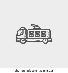 Fire truck sketch icon for web, mobile and infographics. Hand drawn vector dark grey icon isolated on light grey background.