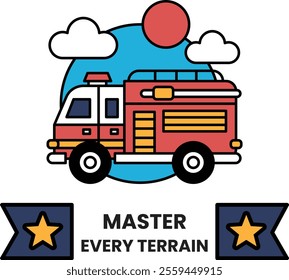 A fire truck with a sky in the background