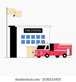 Fire truck at fire station in flat vector illustration symbolizing firefighting, emergency preparedness, and public safety, isolated on white background.