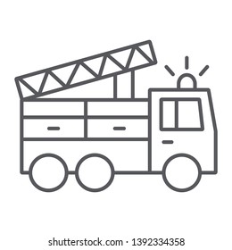Fire truck thin line icon, transport and emergency, firefighter car sign, vector graphics, a linear pattern on a white background, eps 10.