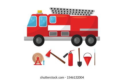 Fire truck and tools. Vector illustration on a white background.