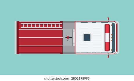 Fire truck top view with pumper engine design for firefighting, emergency response, and rescue operation, vector flat illustration