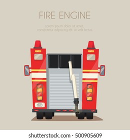 Fire truck. Vector cartoon illustration. Isolated background. American transport. Service. Back view Modern auto