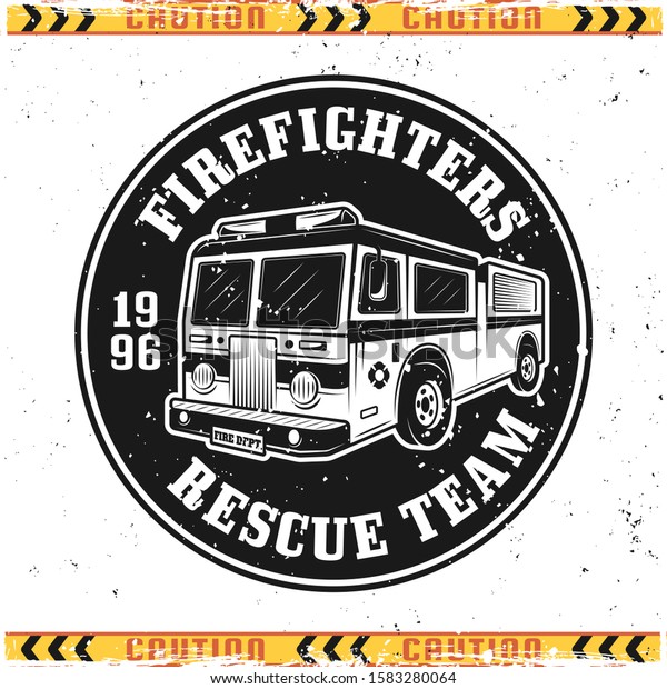 Fire truck vector emblem, badge, label or logo in\
vintage style isolated on background with grunge textures on\
separate layers