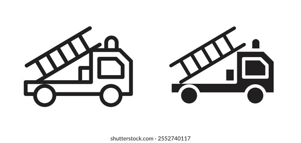 Fire truck vector icon set black filled and outlined style.