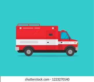 Fire truck vector illustration, flat cartoon firetruck emergency vehicle isolated on blue color background