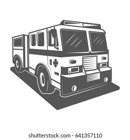 Fire Truck Vector Illustration In Monochrome Vintage Style. Design Element For Logo, Label, Emblem.