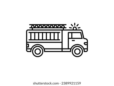 Icono lineal del vector del camión de bomberos sobre fondo blanco.