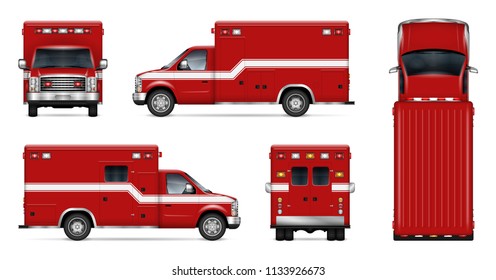 Fire truck vector mockup on white background. Isolated template of rescue van for vehicle branding, corporate identity. View from side, front, back, and top, easy editing and recolor.
