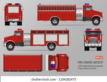 Fire truck vector mockup for vehicle branding, corporate identity. View from front, back, top, left and right side. All elements in the groups on separate layers for easy editing and recolor