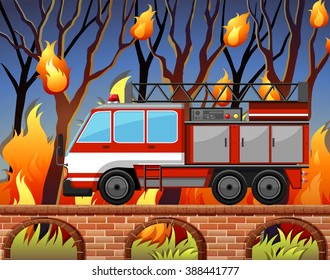 Fire truck and the wild fire at the forest  illustration