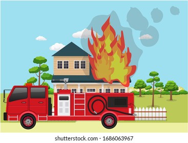 Fire trucks come quickly when a house on fire. Vector Illustrations