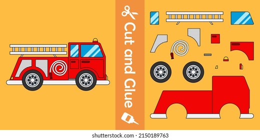 Fire trucks. education paper game for children. cut and glue. vector illustration