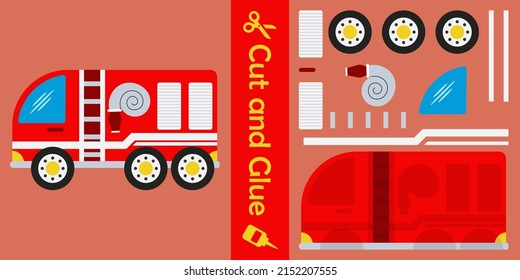 Fire trucks. education paper game for children. cut and glue. vector illustration