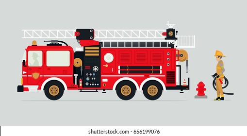 Fire trucks with firefighters and fire fighting equipment.