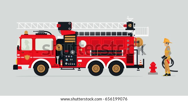 Fire trucks with firefighters and fire\
fighting equipment.