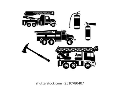 Camiones de bomberos y equipo de extinción de incendios conjunto de ilustración. Diseño de icono de Vector.