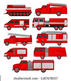 Fire trucks set, emergency vehicles, side view vector Illustrations on a white background
